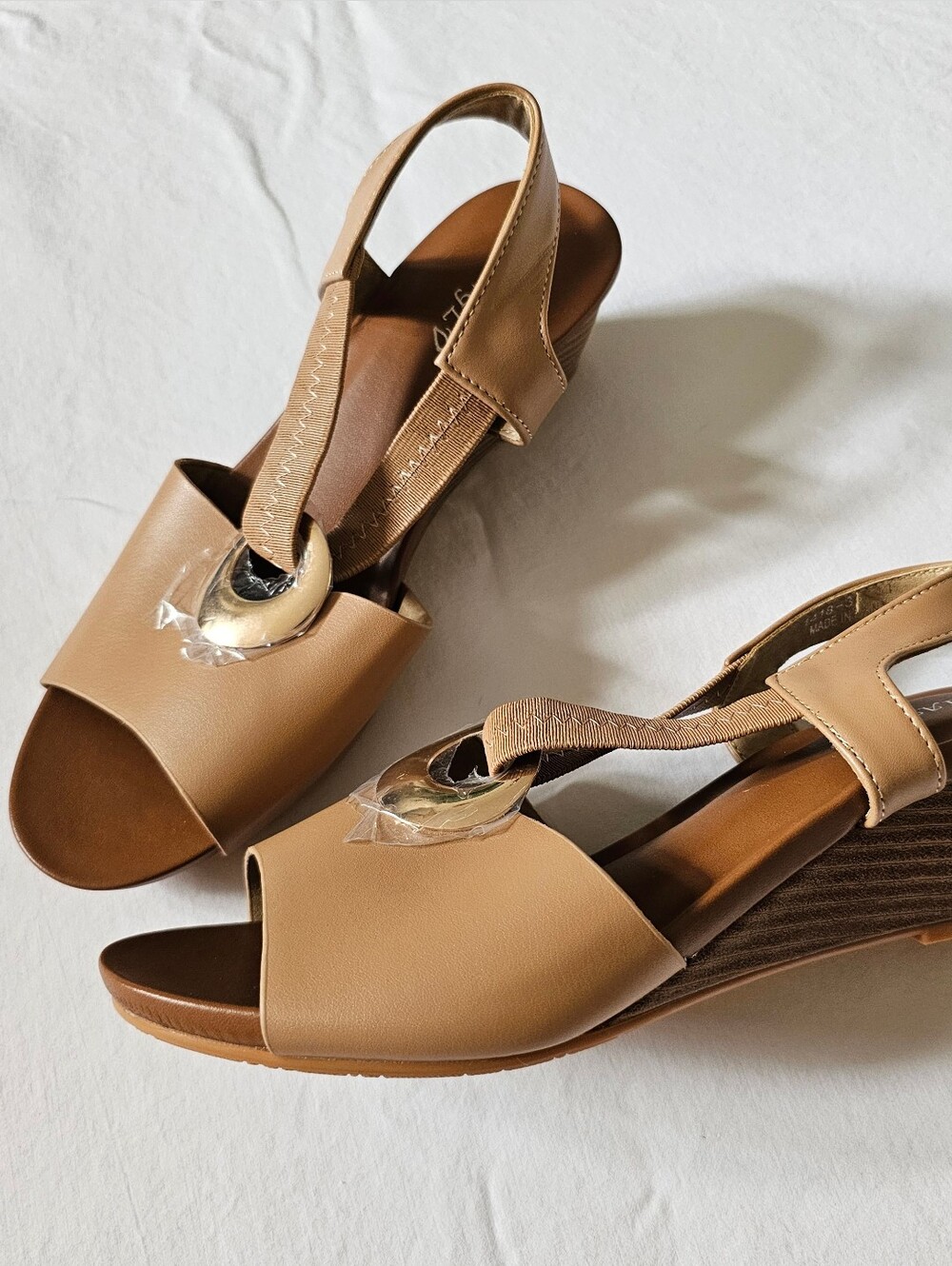Classic Tan Wedge Slingback Sandals with Gold Accent